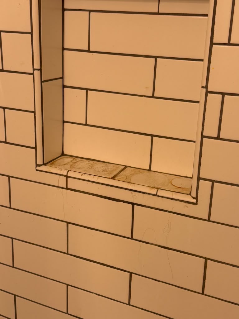 Shower niche with soap residue and hair before cleaning