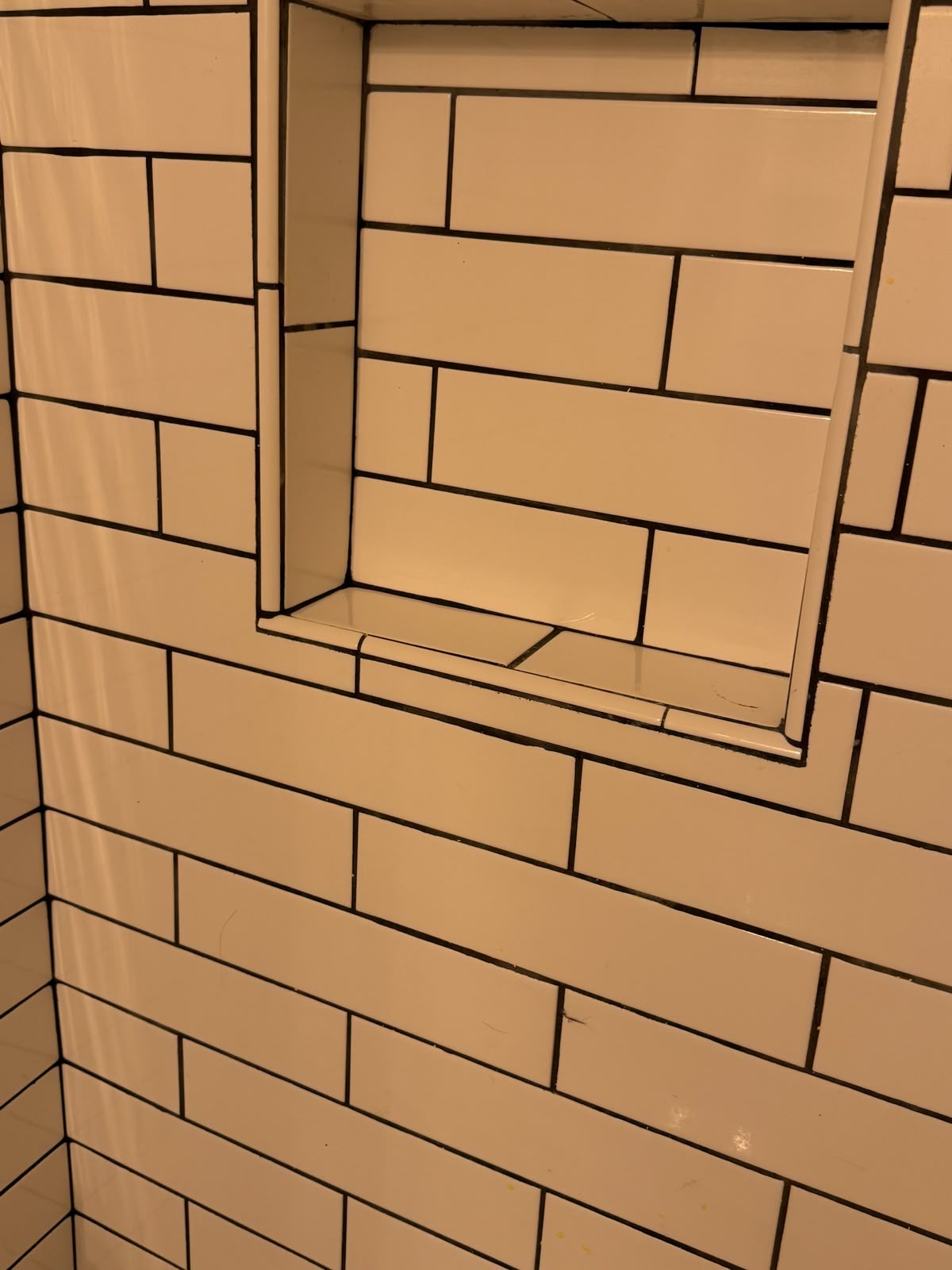 Shower niche with spotless tile after cleaning